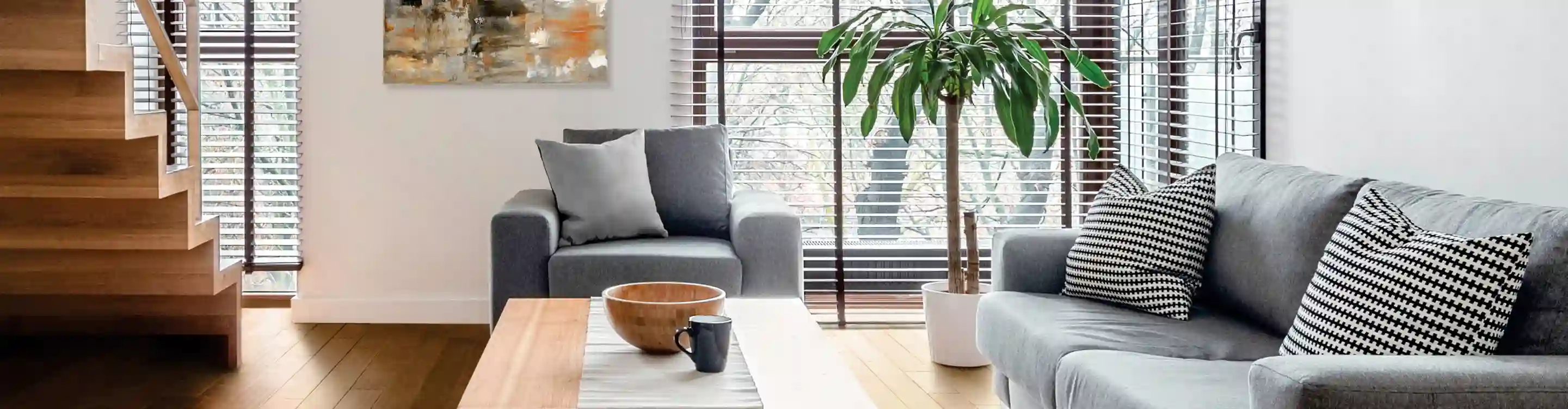 living room with blinds